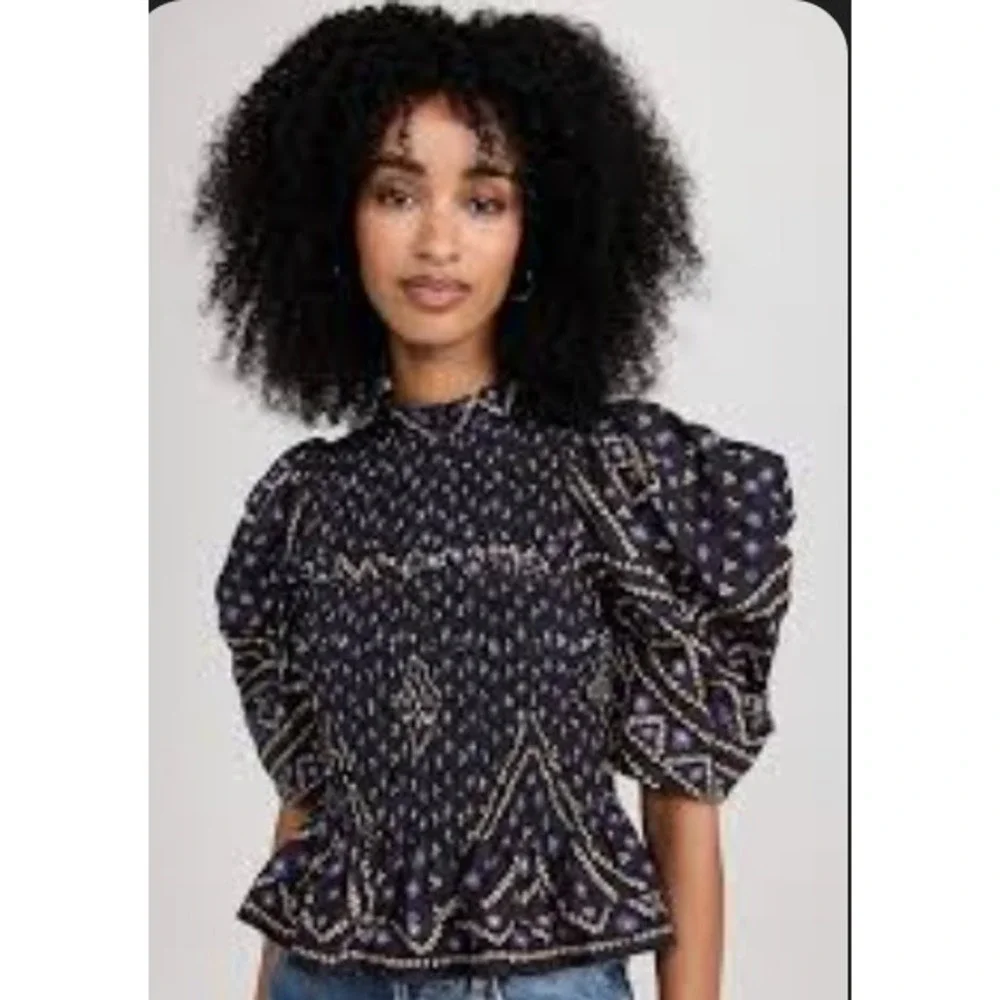 Sea New York Delphine Puff Sleeve Smocked Top Small? Black Blue Geometric Cotton - Picture 1 of 12